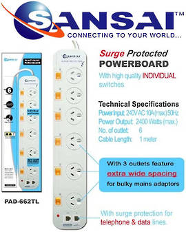 SANSAI 6 Way Surge Protected Power Board with Phone Line Protection